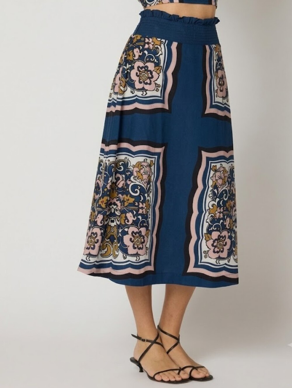 Cleobella Laurent Blue Floral Tile Midi Skirt with Pink Accents Size XS